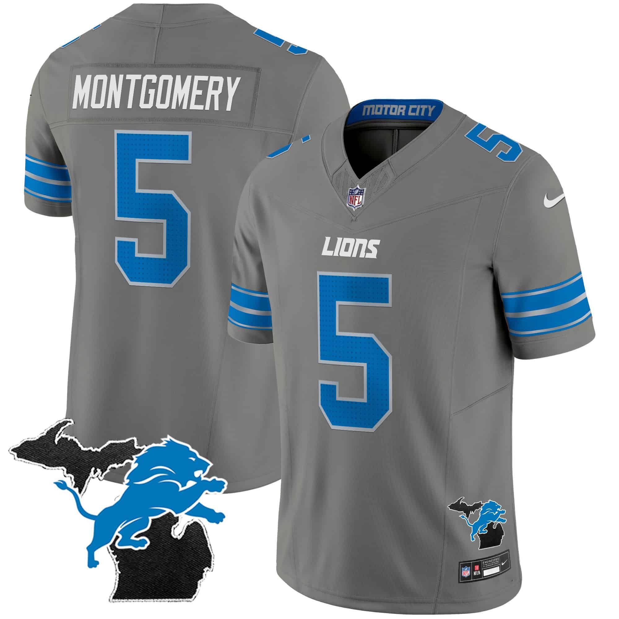 Men Detroit Lions 5 Montgomery Grey 2024 Nike Michigan Patch Vapor Limited NFL Jersey